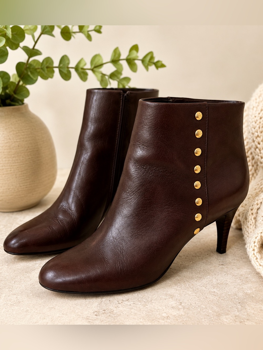 Coach Hickory Brown Leather Studded Ankle Boots Booties Size 8.5B Gold Hardware